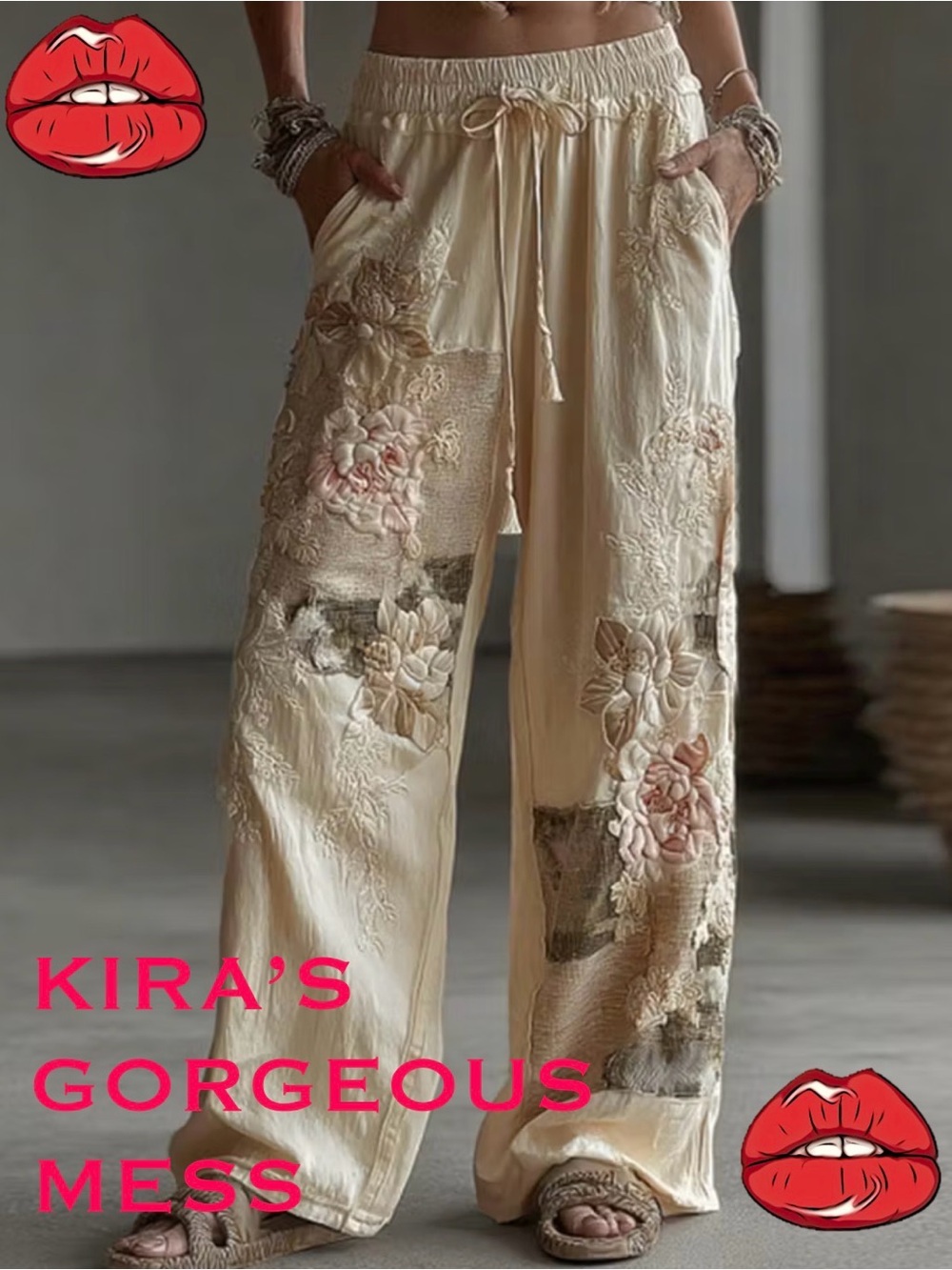 💋🍸BNWT🍸💋Cream Floral Embroidered Wide-Leg Drawstring Pants